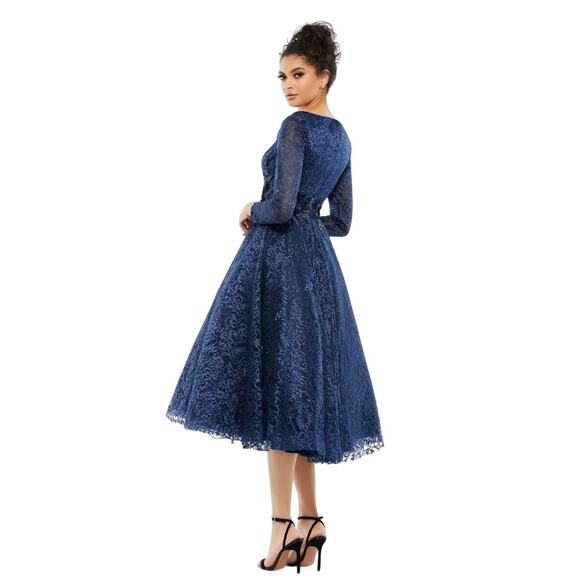 Mac Duggal 112181 Navy Blue 4 Floral Long Sleeve Midi Tea V Formal Gown Dress - Picture 9 of 11